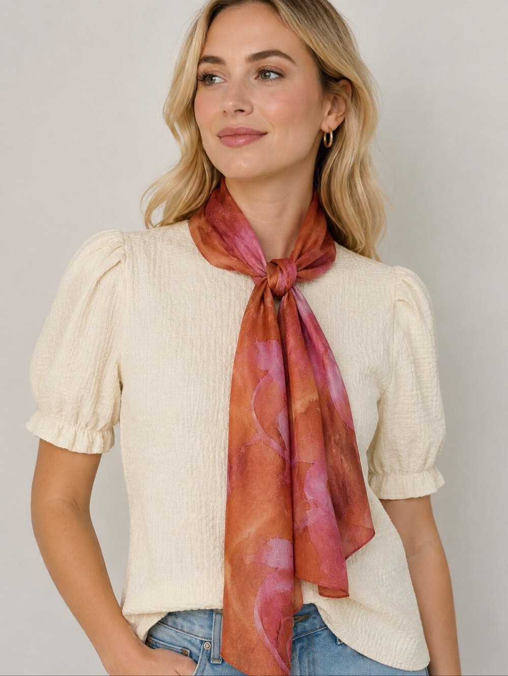Vtg Artisan Rust Pink Seahorse Watercolor Satin Sash Scarf